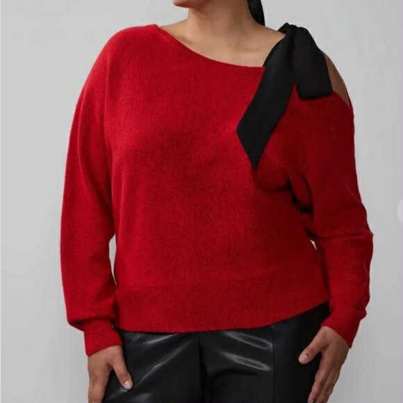 NWT NY&Co Holiday Red Cold Shoulder Sweater w/ Black Velvet Bow Size XXL Plus - Picture 1 of 8